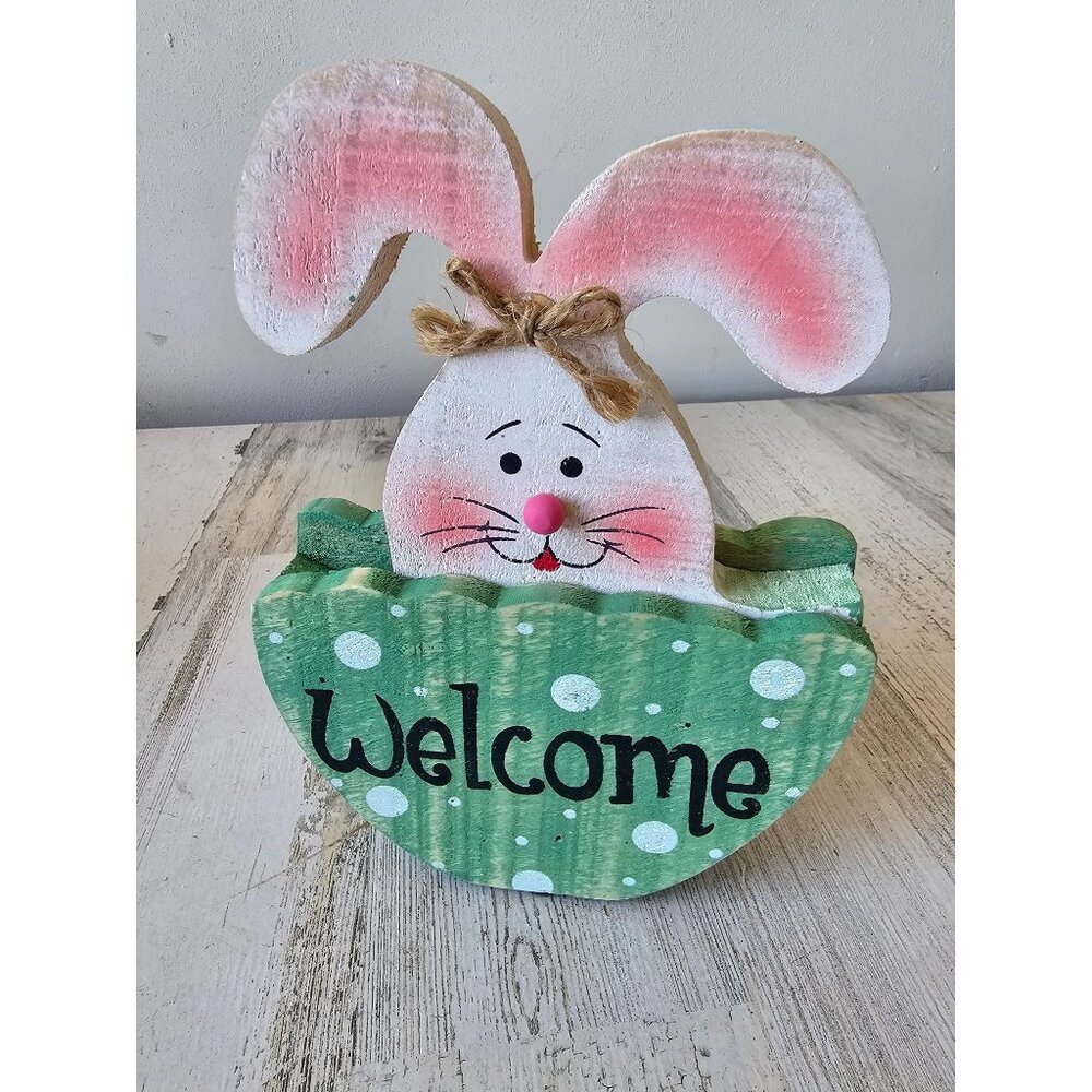 Vintage wooden gerson welcome Easter bunny egg rabbit spring decor statue figuri